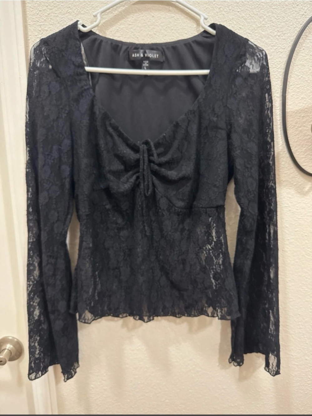 ASH & VIOLET Black Lace Tie-Front Long Sleeve Blouse